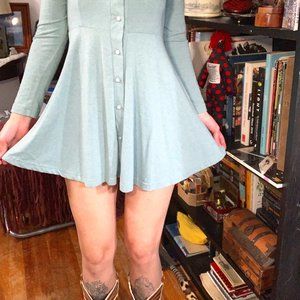 Short Pastel Blue Long Sleeved Button Flared Dress